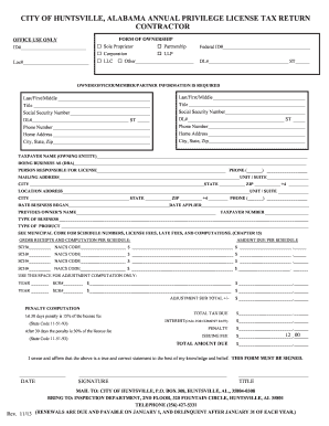 City of Huntsville Alabama Annual Privilege License Tax Return