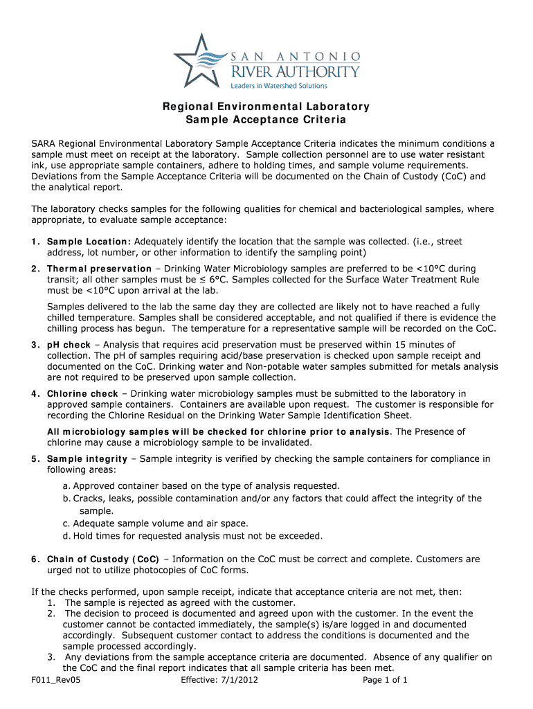 Fillable Online SARA Regional Environmental Laboratory Sample