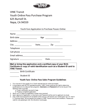 Youth Online Pass Purchase Application