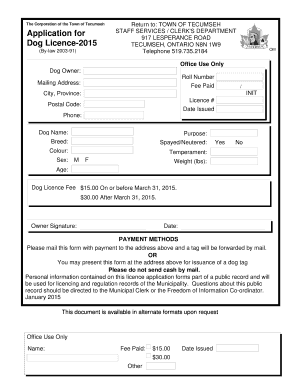 Town of Tecumseh Dog Licence Application