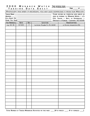 Monarch Watch Tagging Data Sheet