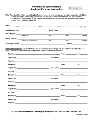 University of South Carolina Academic Personal Information Form