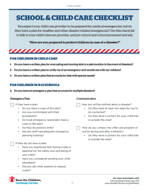 School and Child Care Emergency Checklist