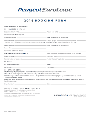 Peugeot EuroLease Booking Form