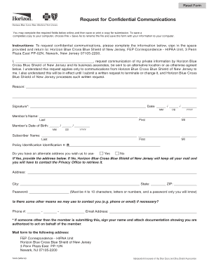 Horizon Blue Cross Blue Shield of New Jersey Confidential Communications Request