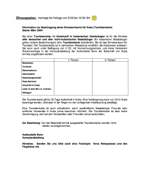 Anfrageformular für ein Einreisevisum für Kuba (Touristenkarte)
