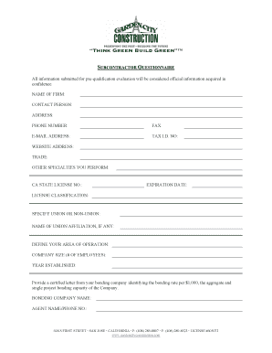 Subcontractor Questionnaire