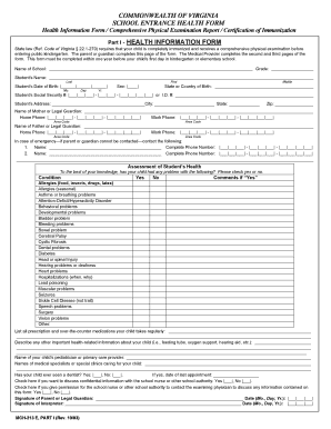 Virginia School Entrance Health Form