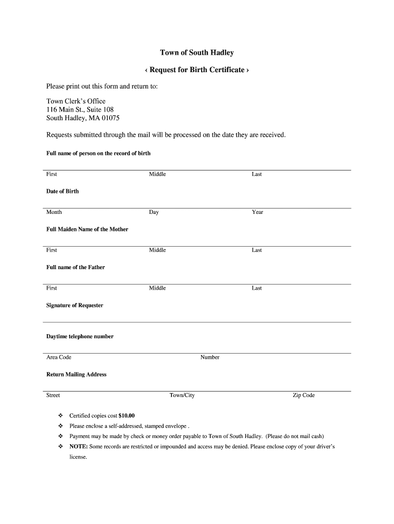 Fillable Online southhadley Town of South Hadley Request for Birth