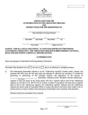 North Carolina Cremation Authorization Form
