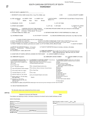 South Carolina Certificate of Death Worksheet