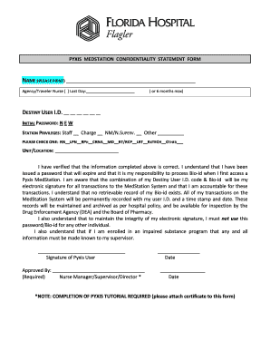 Pyxis MedStation Confidentiality Statement Form