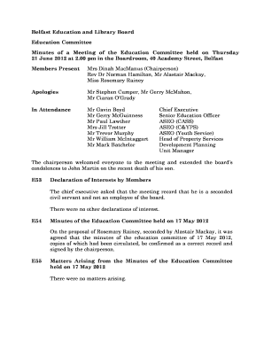 00 pm in the Boardroom, 40 Academy Street, Belfast Members Present Mrs Dinah MacManus (Chairperson) Rev Dr Norman Hamilton, Mr Alastair Mackay, Miss Rosemary Rainey Apologies Mr Stephen Cumper, Mr Gerry McMahon, Mr Ciaran OGrady In