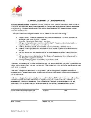 Acknowledgement of Understanding for SR/VPK Program