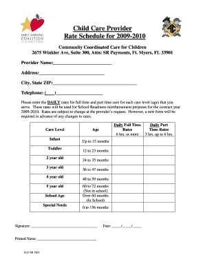 Child Care Provider Rate Schedule