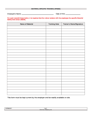 WHMIS Material Safety Training Form