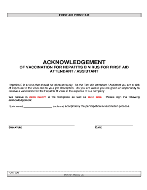 First Aid Hepatitis B Vaccination Acknowledgement