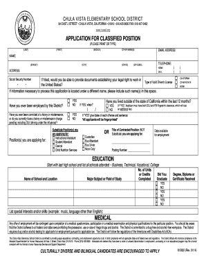 Chula Vista Elementary School District Classified Position Application