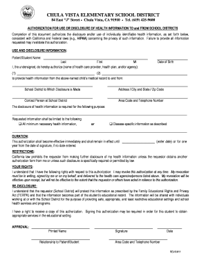 Authorization for Use or Disclosure of Health Information to and from School Districts