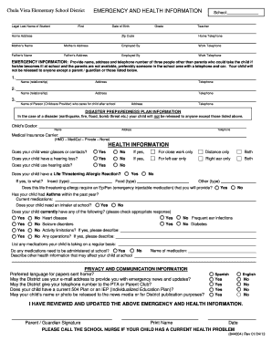 School Emergency and Health Information Form