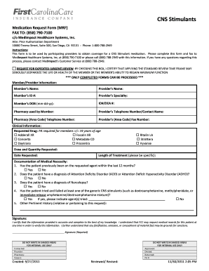 CNS Stimulants Medication Request Form