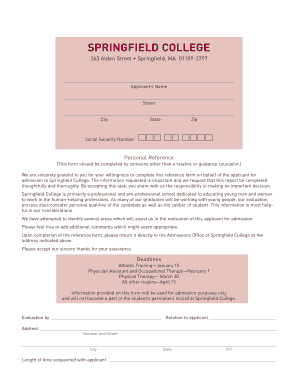Springfield College Admission Reference Form
