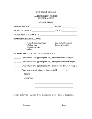 Springfield College Credit Balance Authorization