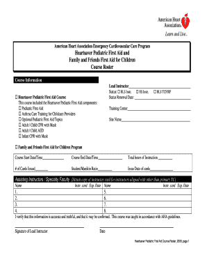 Heartsaver Pediatric First Aid Course Roster