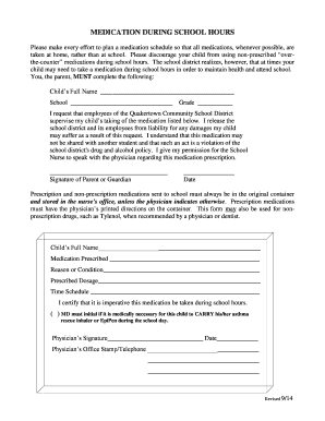 Medication During School Hours Permission Form