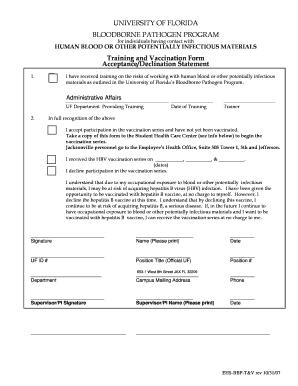 Training and Vaccination Form AcceptanceDeclination Statement - hscj ufl