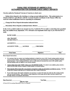 Paralyzed Veterans of America Direct Deposit Authorization
