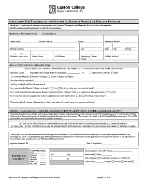 APPLICATION FOR THERAPEUTIC AND DIAGNOSTIC SERVICES NURSE - gaston