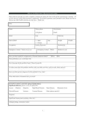 Health History Questionnaire for Acupuncture