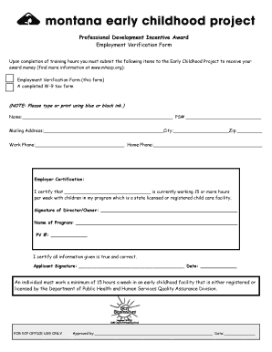 Professional Development Incentive Award Employment Verification Form