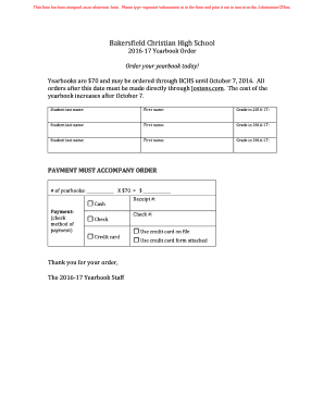 Yearbook Order Form - Bakersfield Christian High School