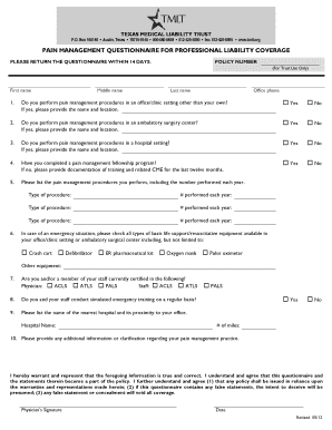 Pain Management Questionnaire for Professional Liability Coverage