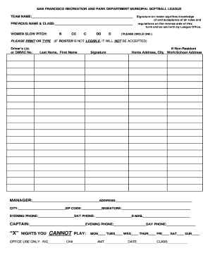San Francisco Municipal Softball League Team Roster Form