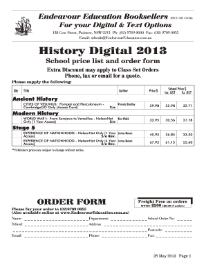 Endeavour Education School Price List and Order Form