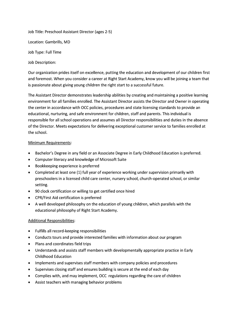 Fillable Online Job Title Preschool Assistant Director (ages 25) Fax