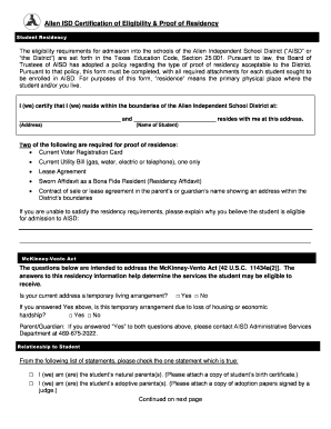 Allen ISD Certification of Eligibility & Proof of Residency