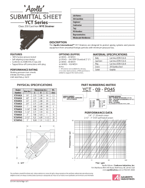 Apollo YCT Cast Iron Wye Strainer Specification