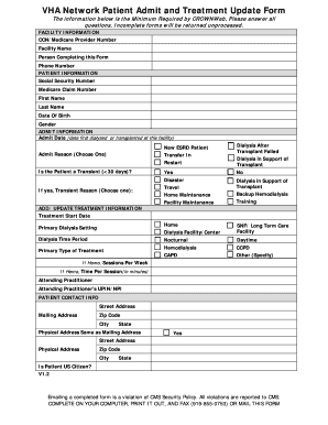 VHA Network Patient Admit and Treatment Update Form