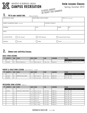University of Nebraska-Lincoln Swim Lessons Registration Form