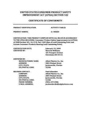 CPSIA Certificate of Conformity