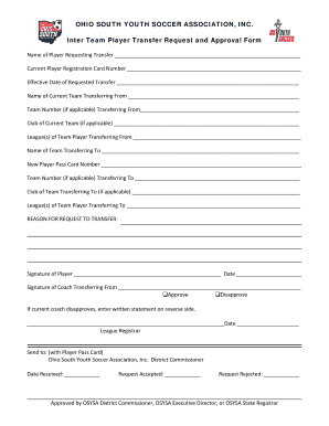 Ohio South Youth Soccer Player Transfer Request Form