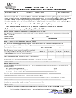 Minnesota Student Immunization Record Form