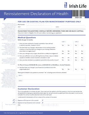 Irish Life Reinstatement Declaration of Health