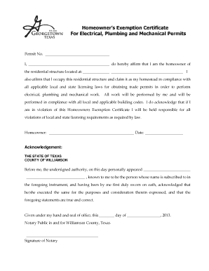 Homeowner's Exemption Certificate for Permits