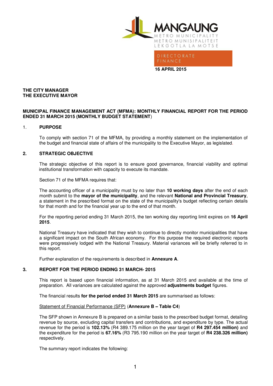 16 APRIL 2015 THE CITY MANAGER THE EXECUTIVE MAYOR MUNICIPAL FINANCE MANAGEMENT ACT (MFMA): MONTHLY FINANCIAL REPORT FOR THE PERIOD ENDED 31 MARCH 2015 (MONTHLY BUDGET STATEMENT) 1