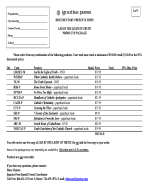 Catholic Product Order Form